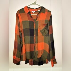 S Oliver Orange and Green Plaid Button-Down Shirt